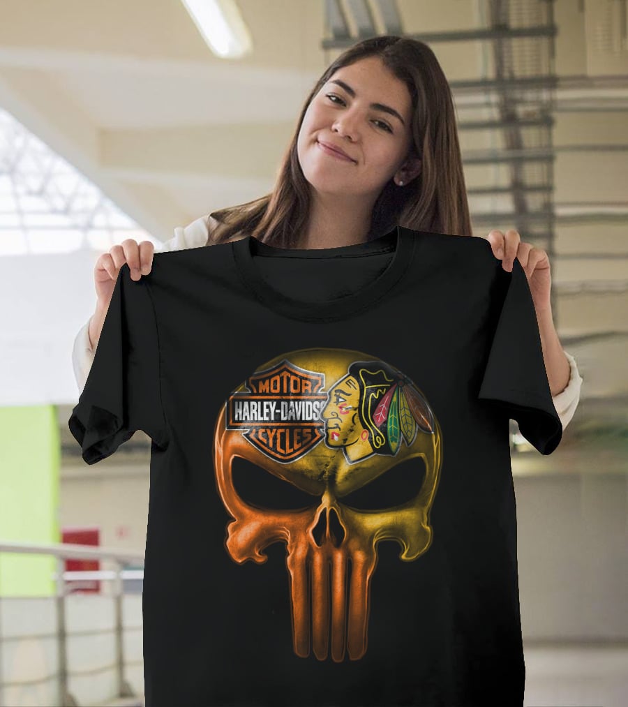 Harley Davidson Punisher Skull Chicago Blackhawks T-Shirt