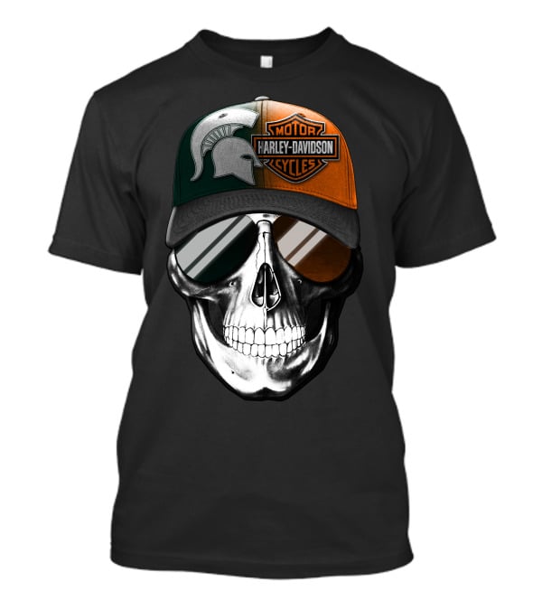 Skull With Michigan State Spartan And Harley Davidson Motorcycles Cap T-Shirt