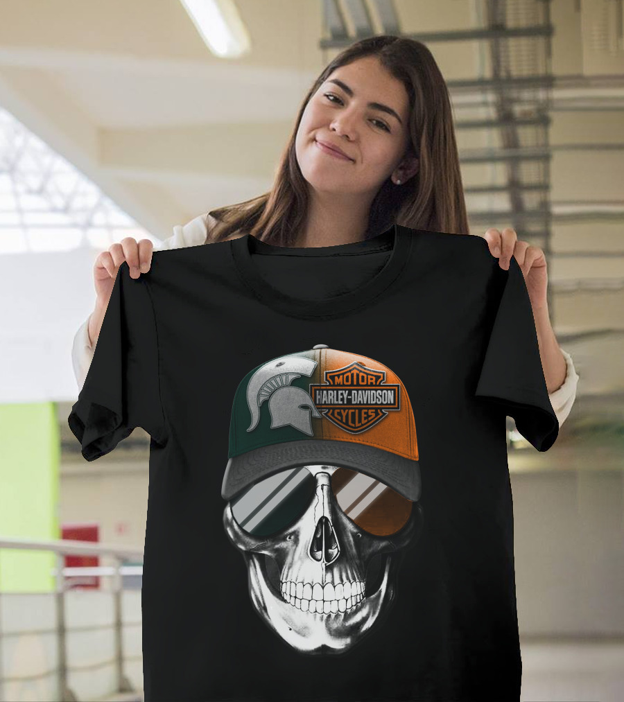 Skull With Michigan State Spartan And Harley Davidson Motorcycles Cap T-Shirt