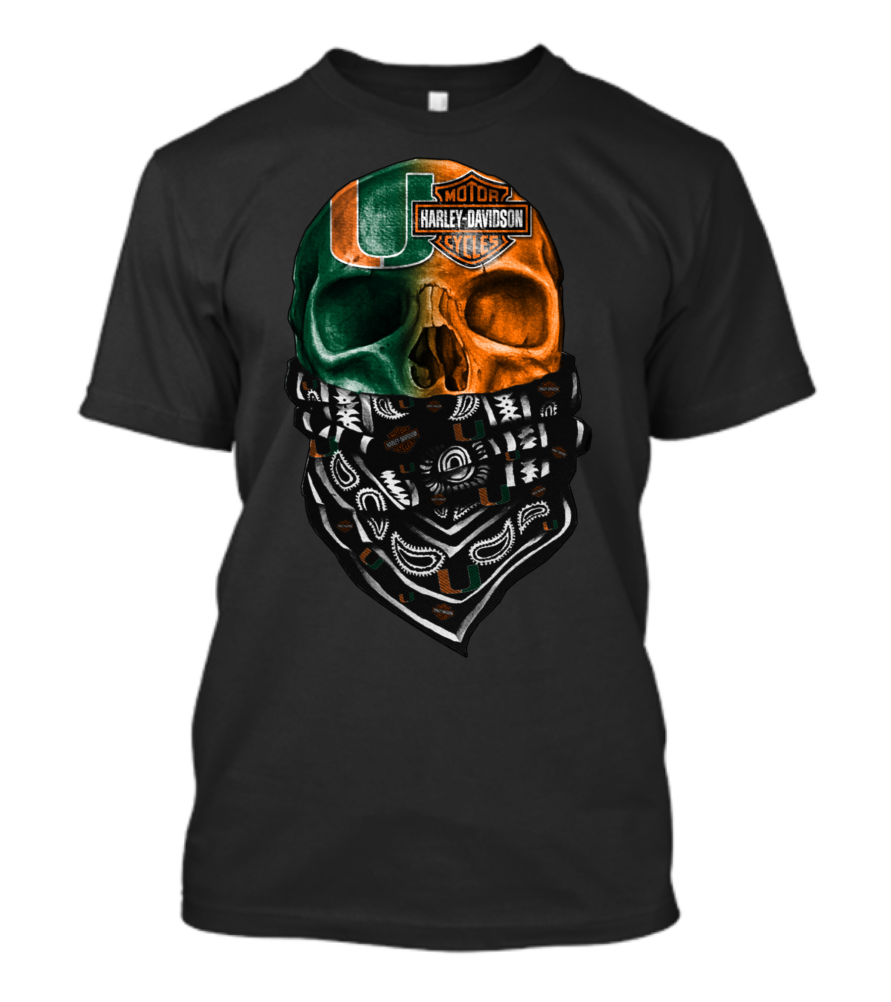 Harley Davidson Skull With Miami Hurricanes Bandana T-Shirt