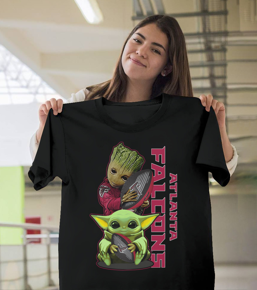 Grzd Atlanta Falcons Baby Groot Yoda Holding Football T-Shirt