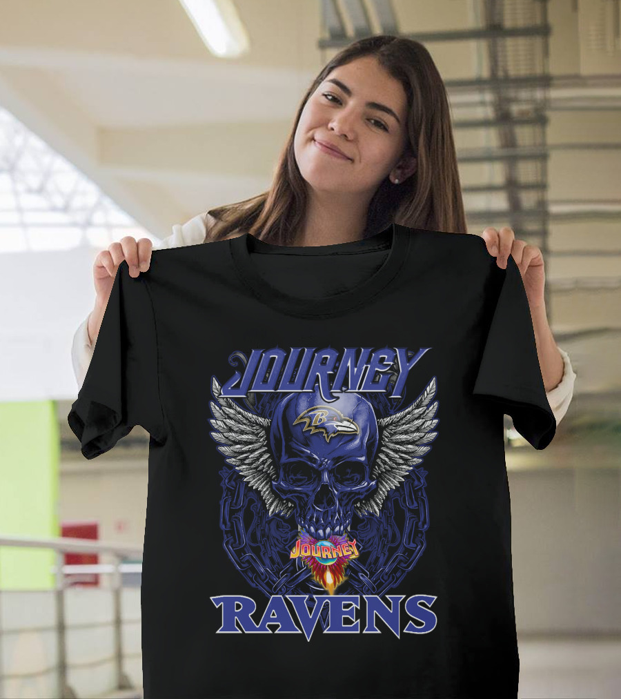 Journey Baltimore Ravens Skull Wings Logo Flames T-Shirt