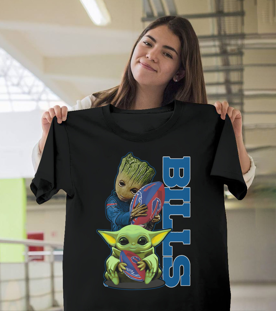 Grzd Buffalo Bills Baby Groot and Baby Yoda Football T-Shirt