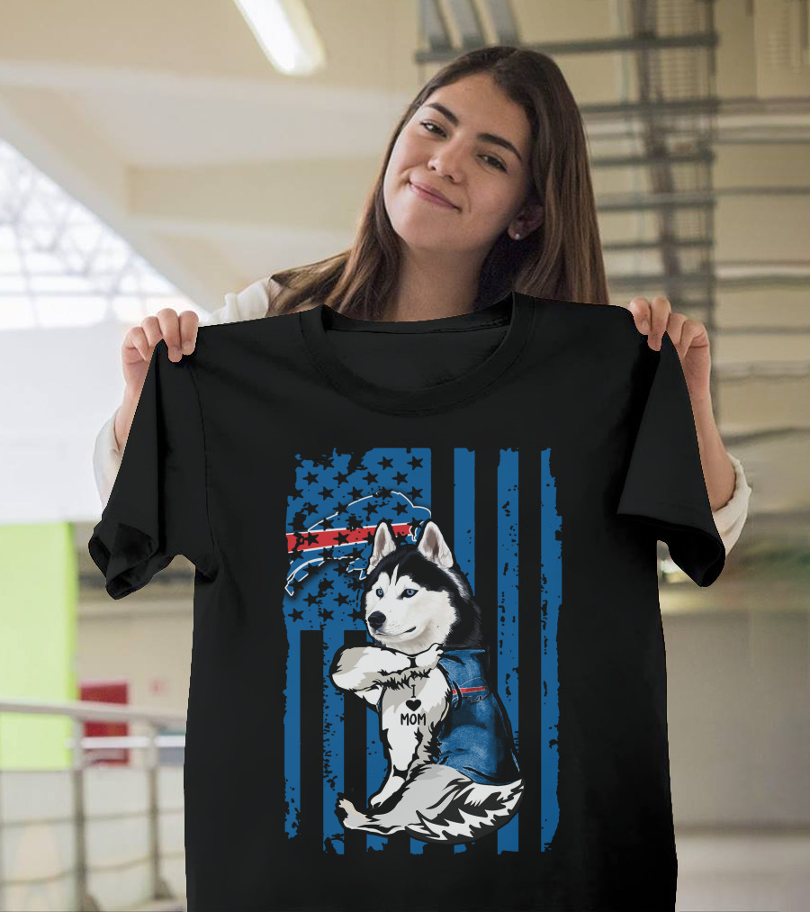 Siberian Husky Mom Buffalo Bills Blue Stars American Flag T-Shirt