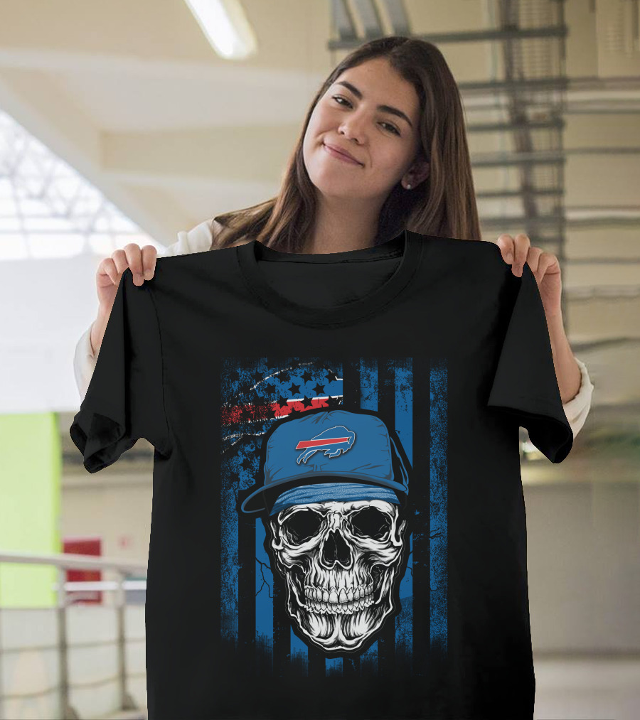 Buffalo Bills Skull With Cap American Flag Background T-Shirt