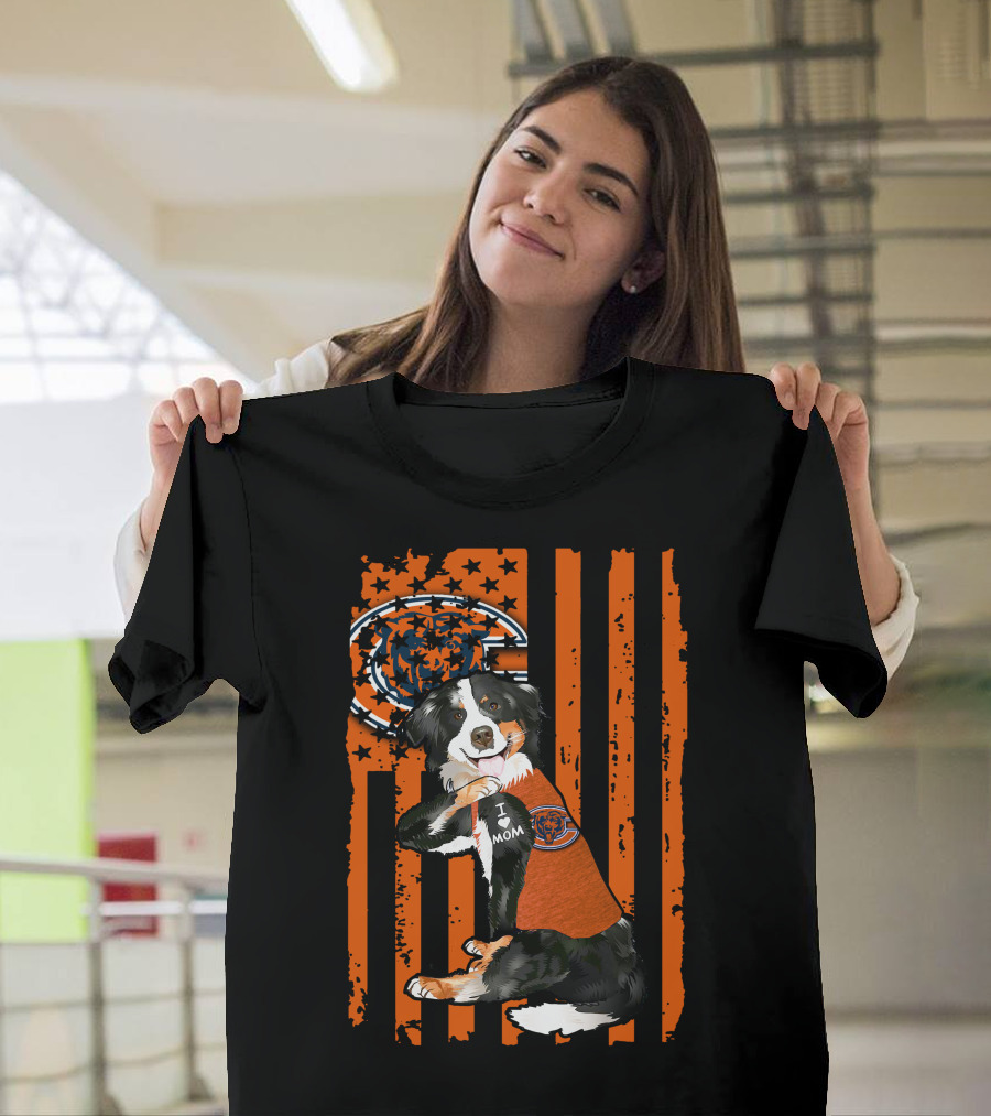 Border Collie I Love Mom Chicago Bears Orange Stripes T-Shirt
