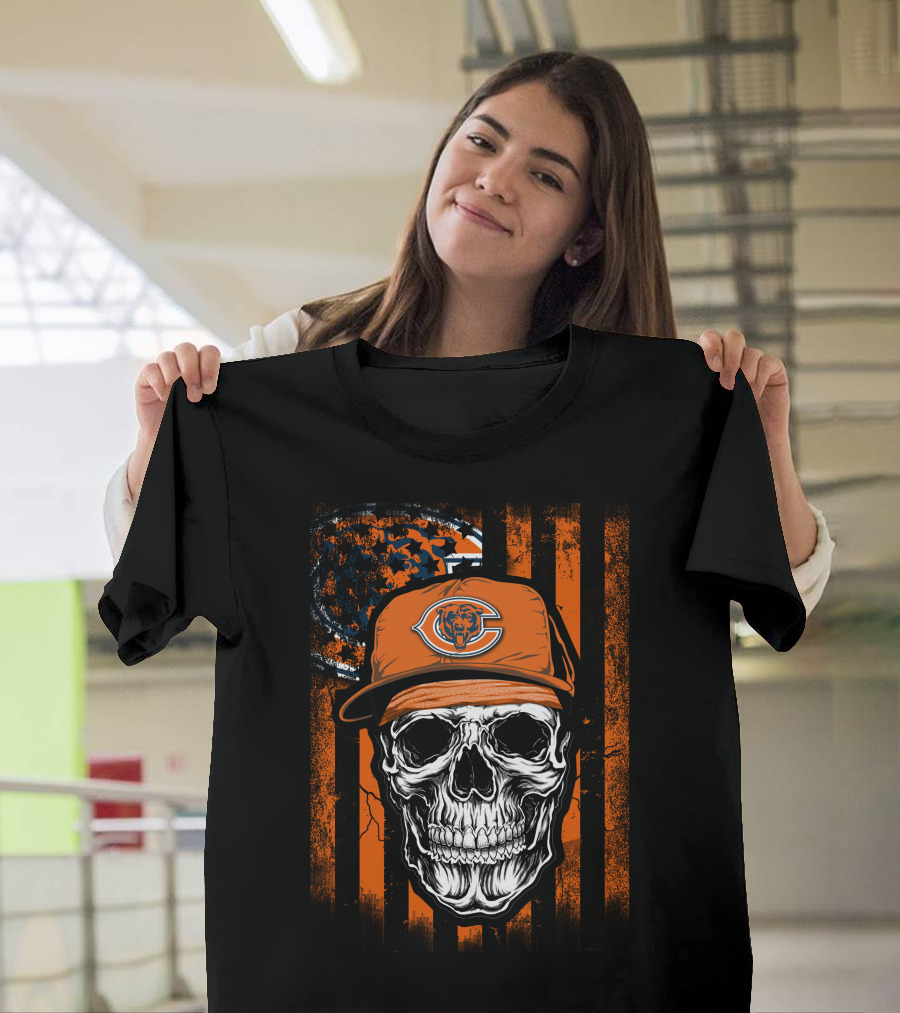 Skull Wearing Chicago Bears Cap With Orange Stripes And Logo Background T-Shirt