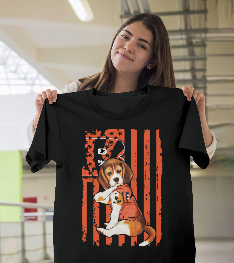 Beagle I Love Mom Cincinnati Bengals Stripes and Stars T-Shirt