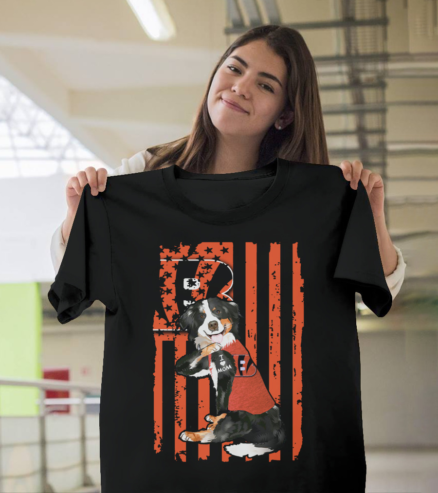 Border Collie I Love Mom Cincinnati Bengals Stripes T-Shirt