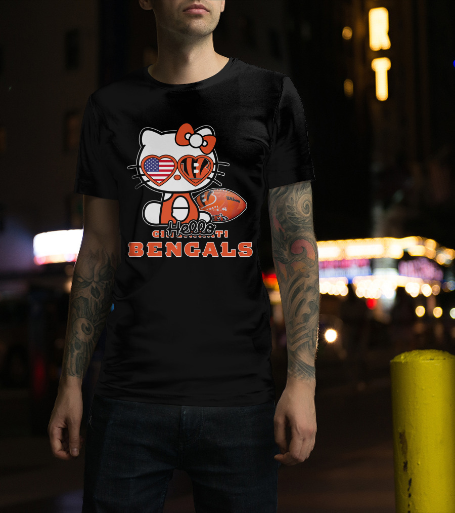 Hello Kitty Cincinnati Bengals Football Heart Glasses USA Flag T-Shirt