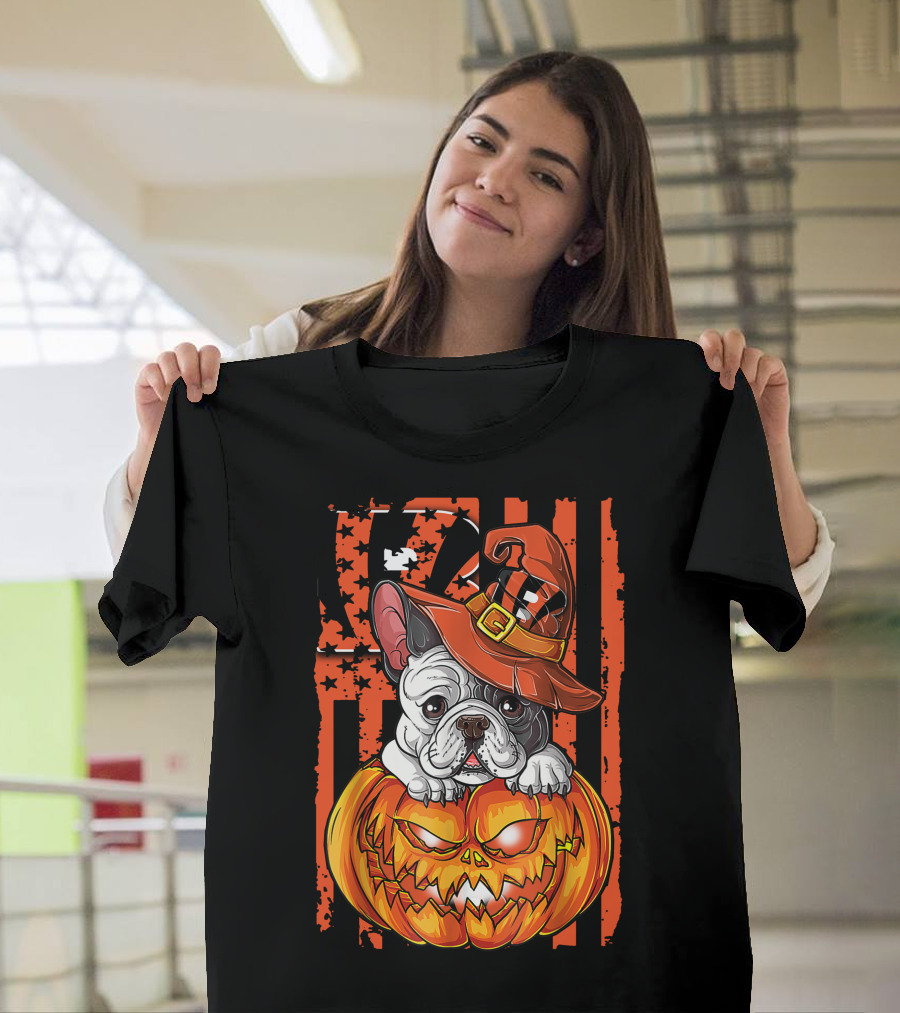 Hlw Bulldog Cincinnati Bengals Halloween Pumpkin Hat Black Orange Stars Stripes T-Shirt