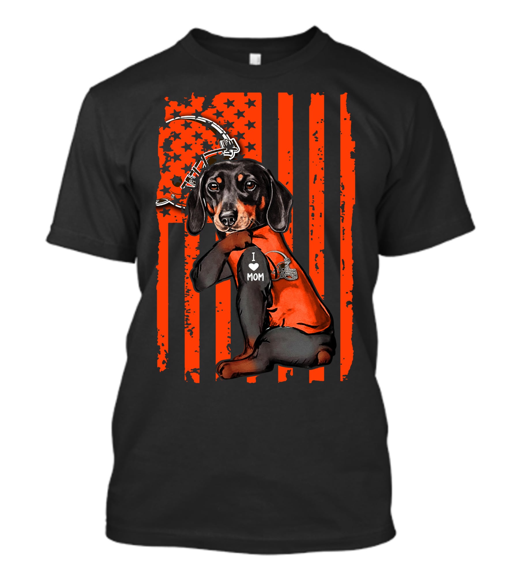 Dachshund I Love Mom Cleveland Browns Pawprint And Helmet Icon Orange USA Flag T-Shirt