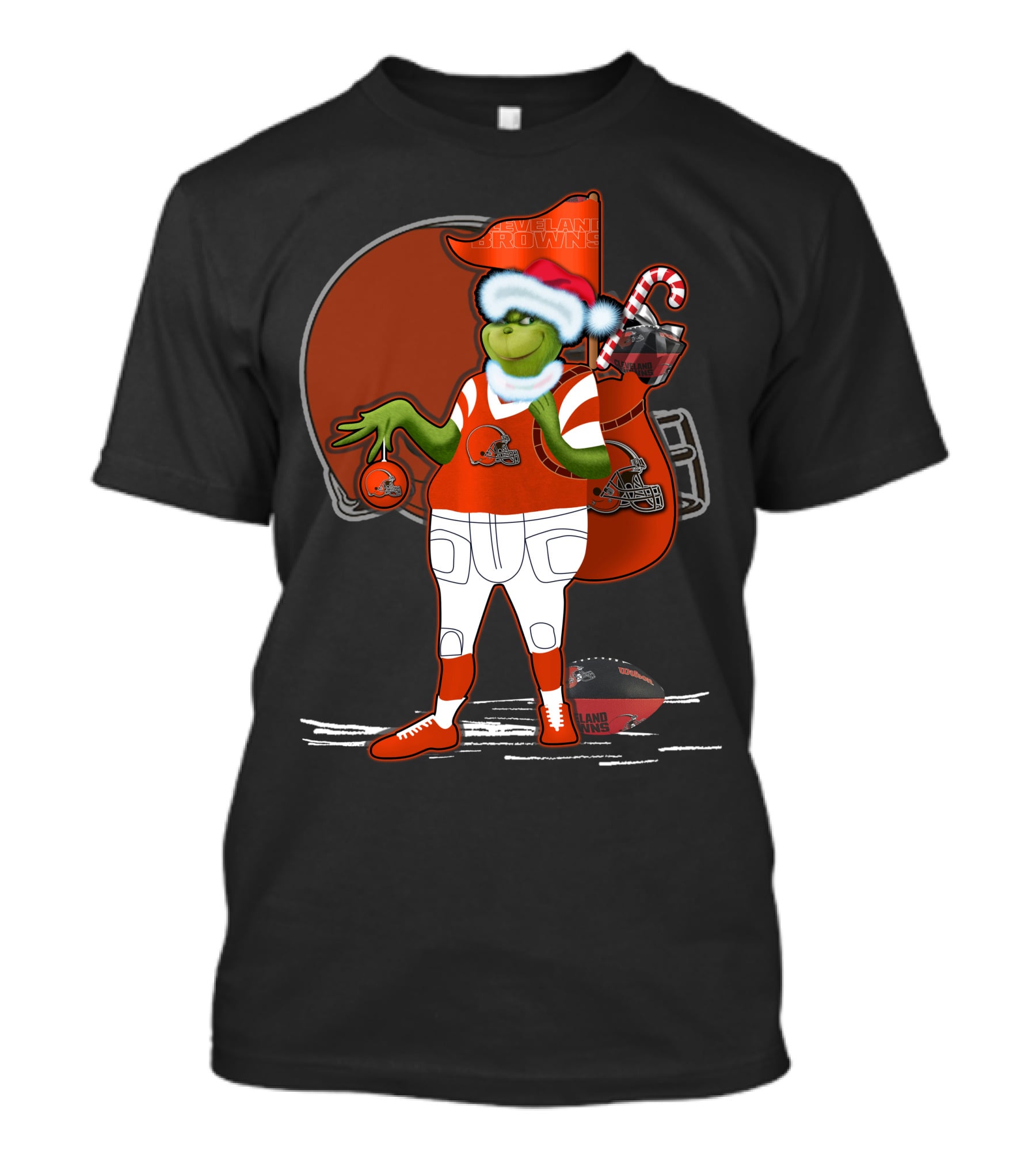 Grinchxmas Cleveland Browns Festive Football Santa With Helmet And Candy Cane T-Shirt