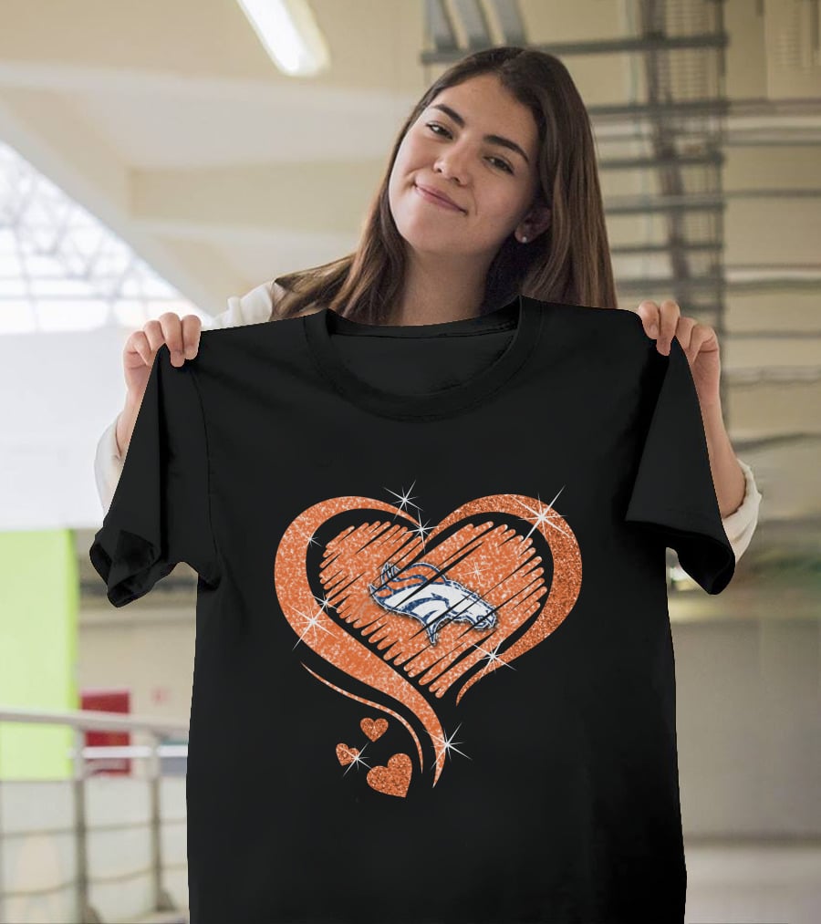 Heart Diamond Denver Broncos Sparkling Orange Emblem T-Shirt
