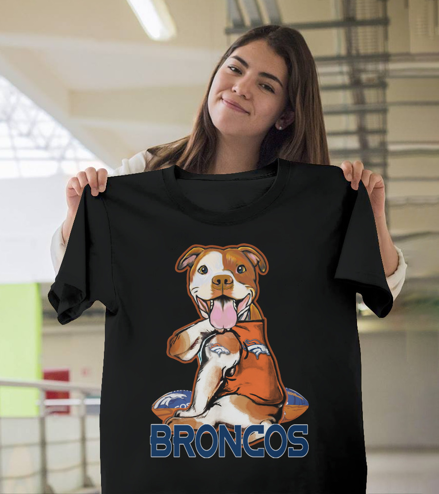 Pittbull Wearing Denver Broncos Jersey with Football and Broncos Text T-Shirt