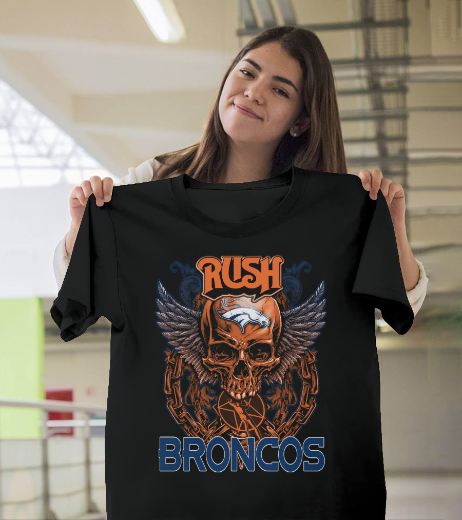 Rush Denver Broncos Skull Graphic with Wings and Chains T-Shirt