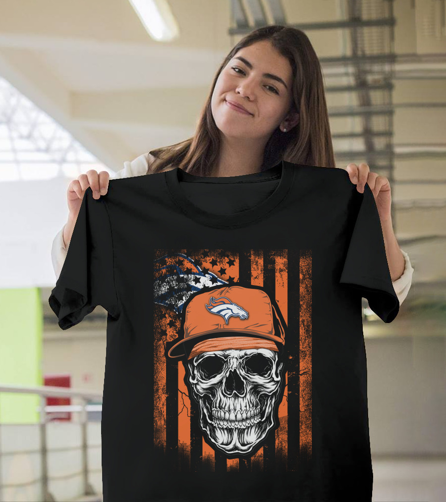 Skull Wearing Denver Broncos Cap on Grunge Orange Stripes T-Shirt
