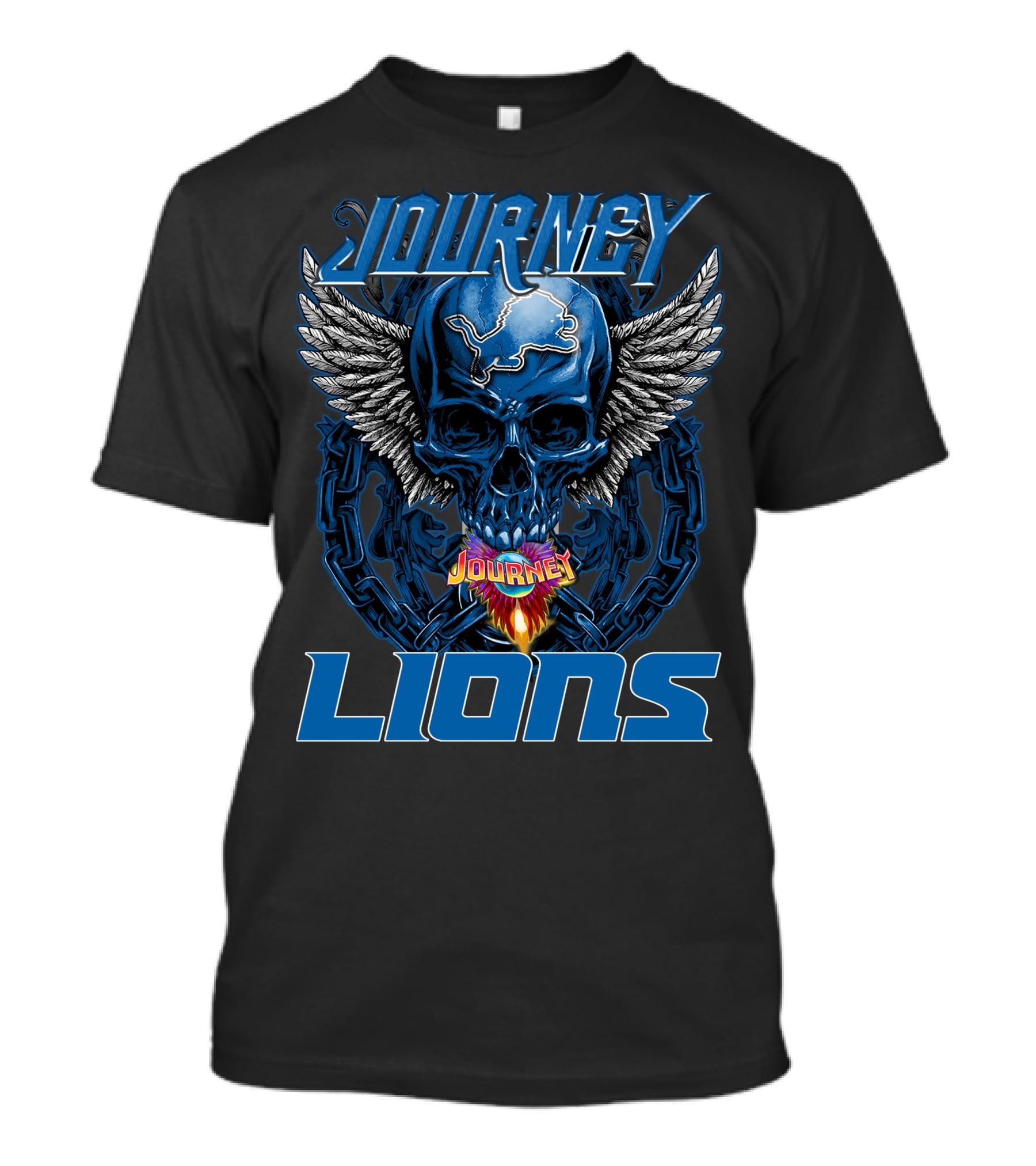 JOURNEY DETROIT LIONS Skull With Wings And Flames T-Shirt