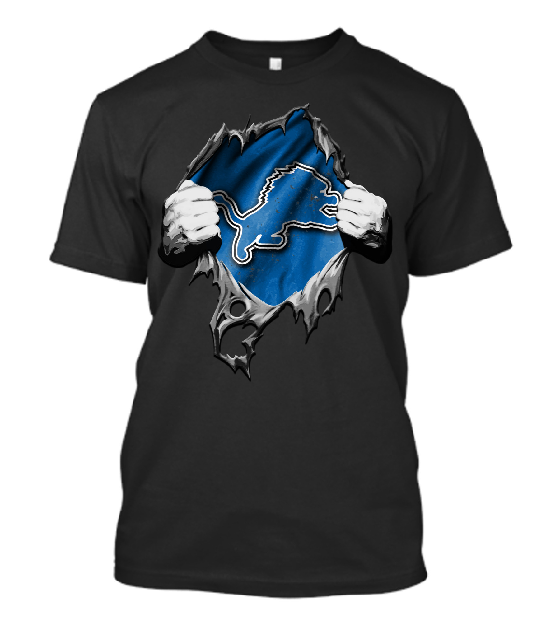 Detroit Lions Torn Hands Ripping Through Blue And Silver T-Shirt