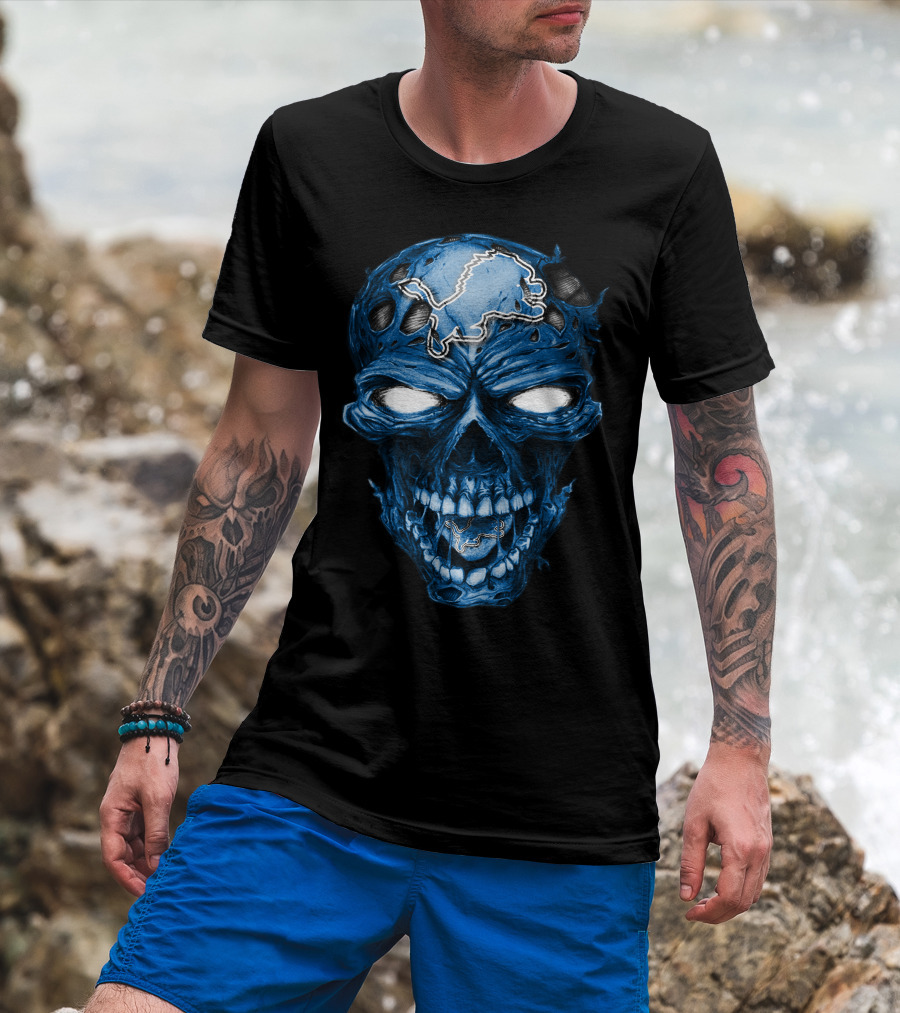 Skull Detroit Lions Blue Dark T-Shirt