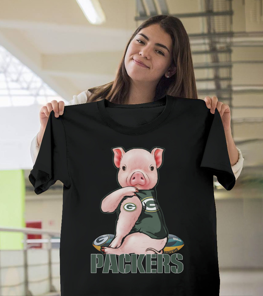 Cute Pig Wearing Green Bay Packers Jersey With Footballs T-Shirt