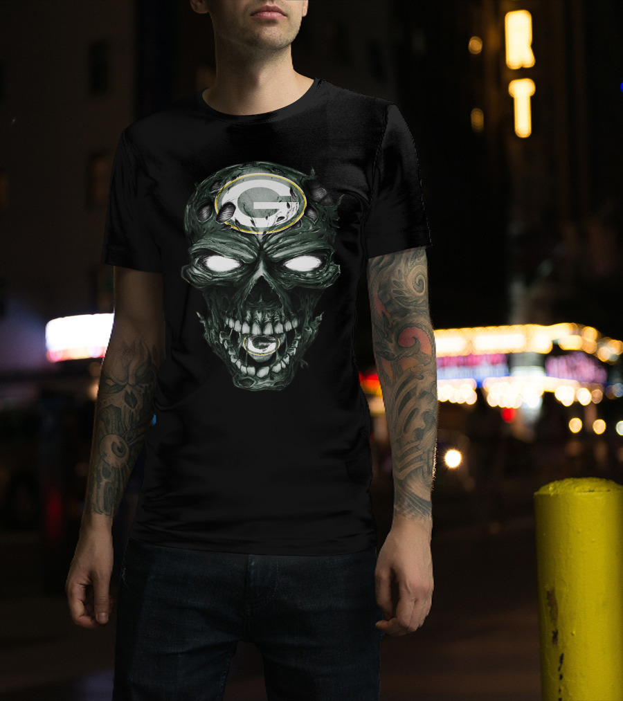 Green Bay Packers Skull Face With Team Logo Eyes T-Shirt