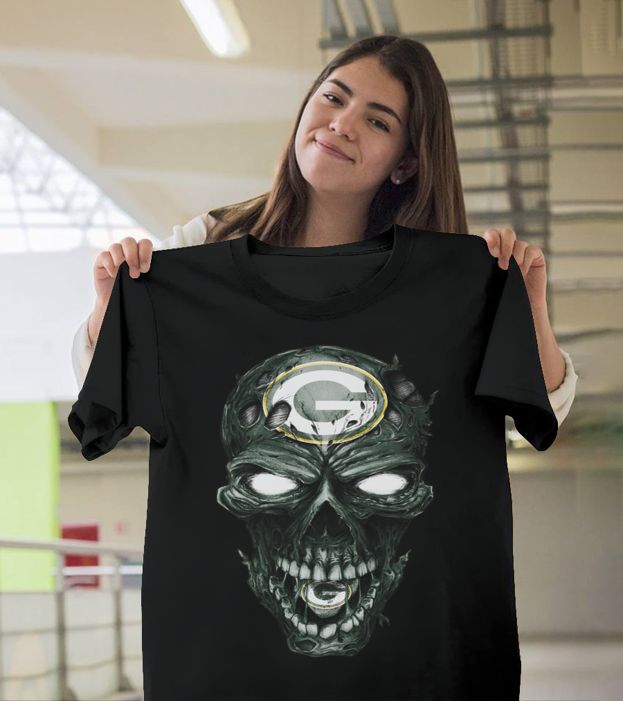 Green Bay Packers Skull Face With Team Logo Eyes T-Shirt