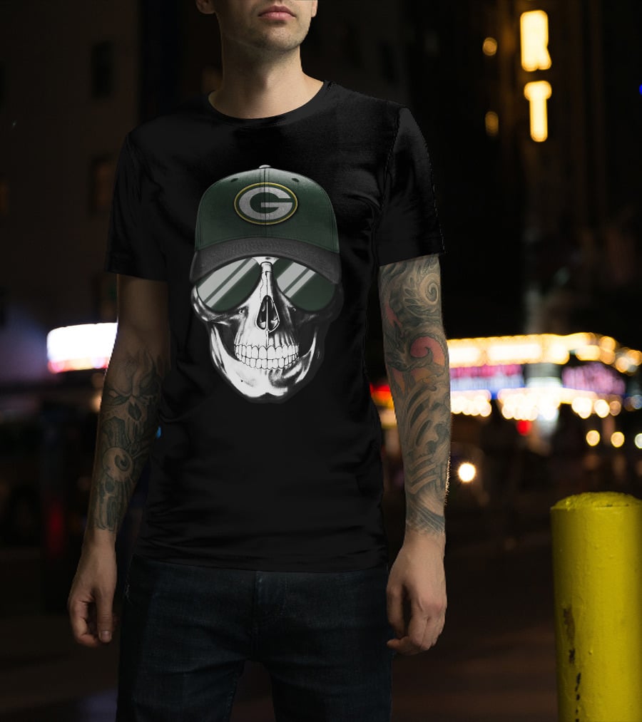 Skull Wearing Green Bay Packers Cap With Sunglasses T-Shirt