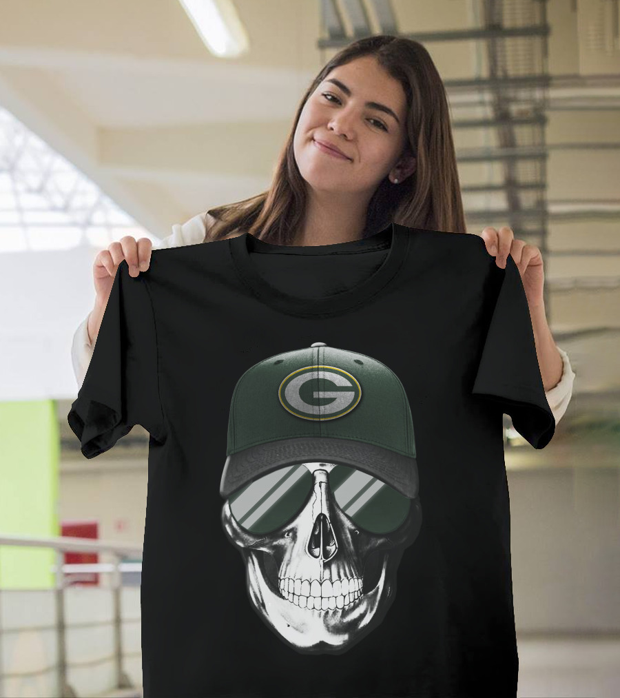 Skull Wearing Green Bay Packers Cap With Sunglasses T-Shirt