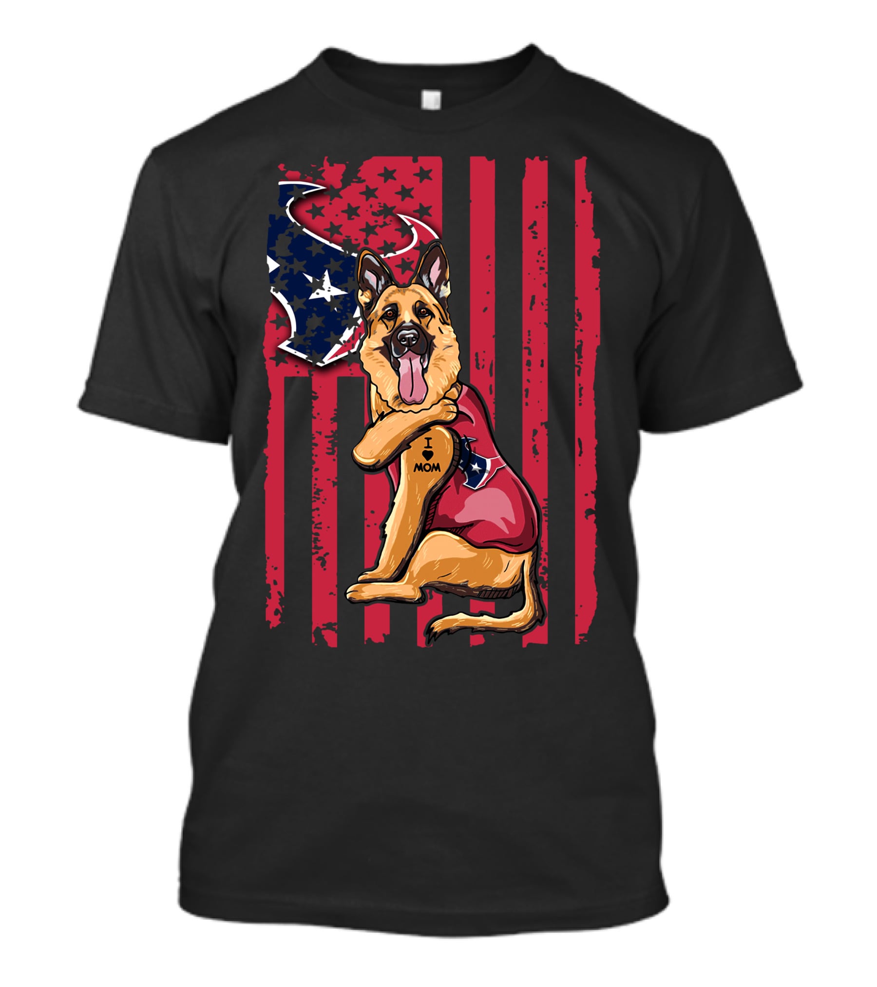 German Shepherd I Love Mom With American Flag And Houston Texans Stars T-Shirt