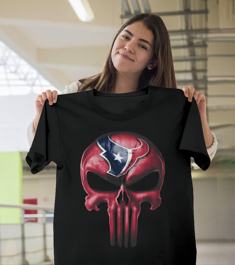 Skull Houston Texans Logo Red and Blue Fusion T-Shirt