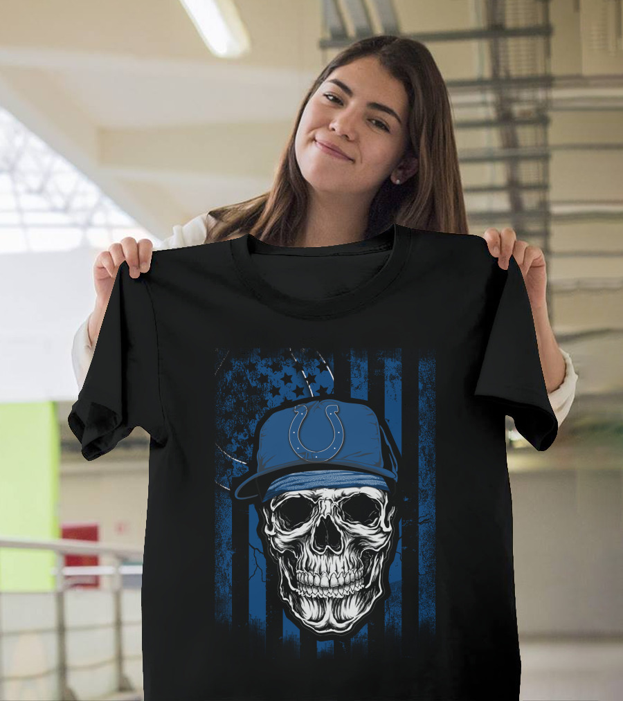 Indianapolis Colts Skull With Blue Flag Background T-Shirt