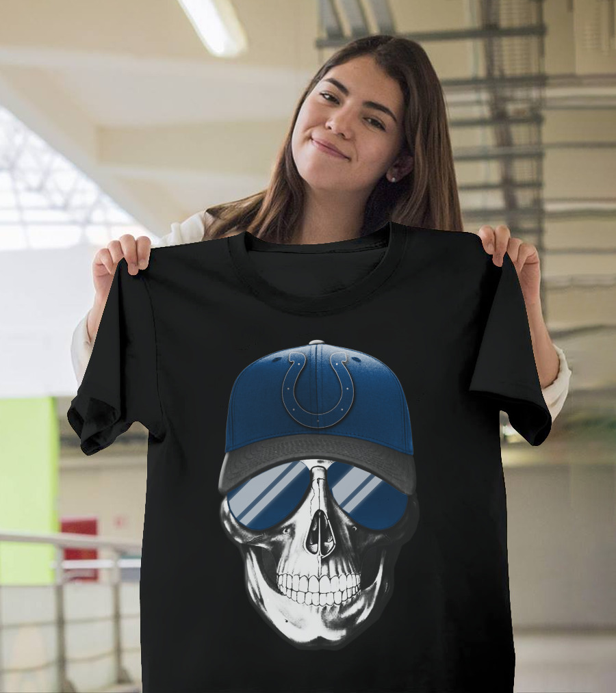 Indianapolis Colts Skull with Blue Cap and Sunglasses T-Shirt