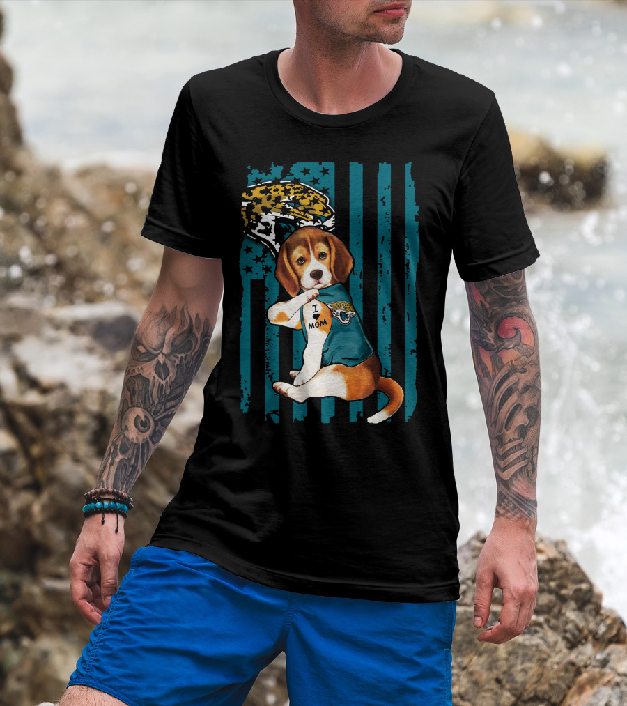 Beagle Wearing Jacksonville Jaguars Jersey With I Love Mom Tattoo And Jaguar T-Shirt