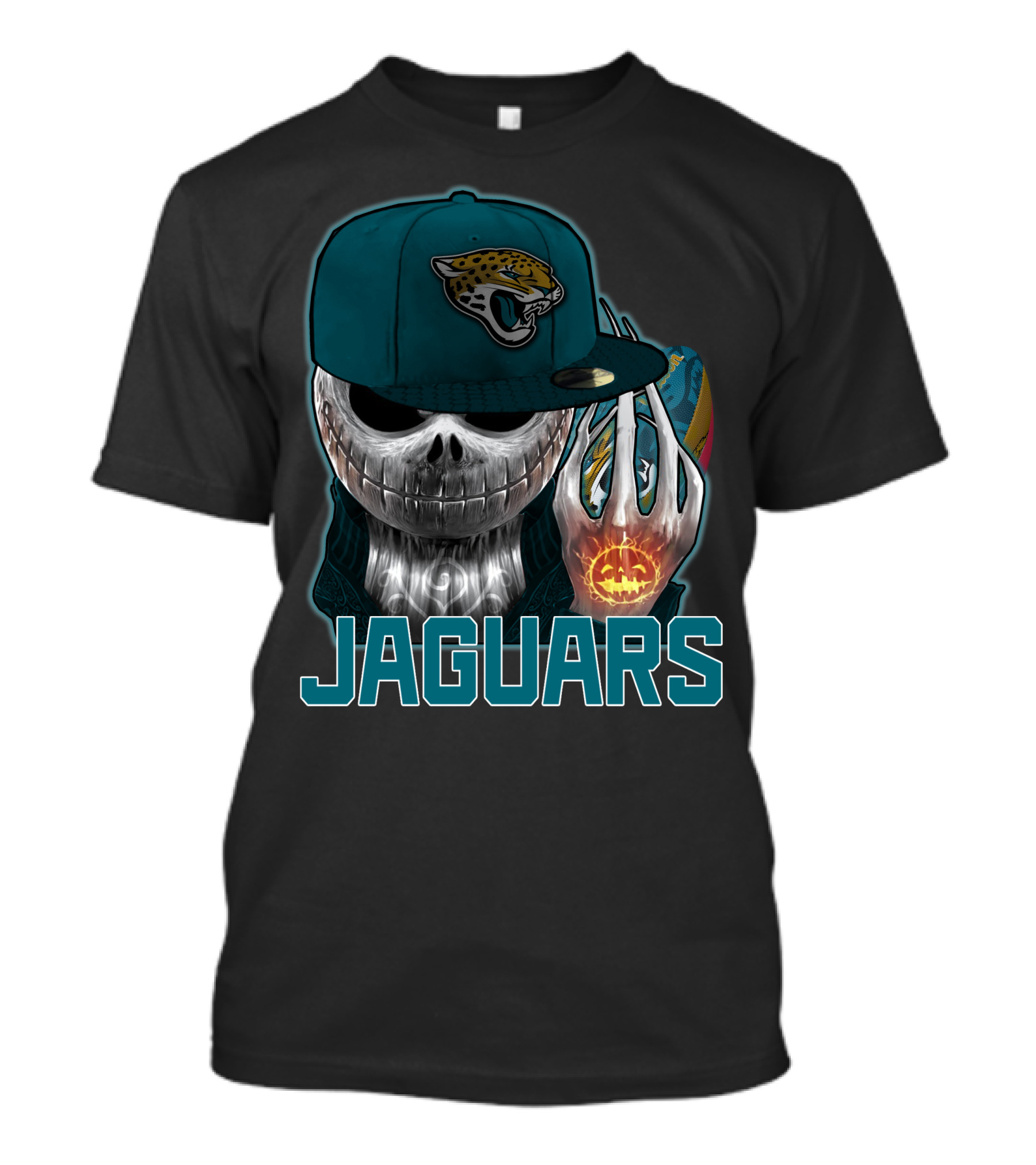 Jackskull Jaguars Halloween Skull Holding Pumpkin With Jaguars Logo Hat T-Shirt