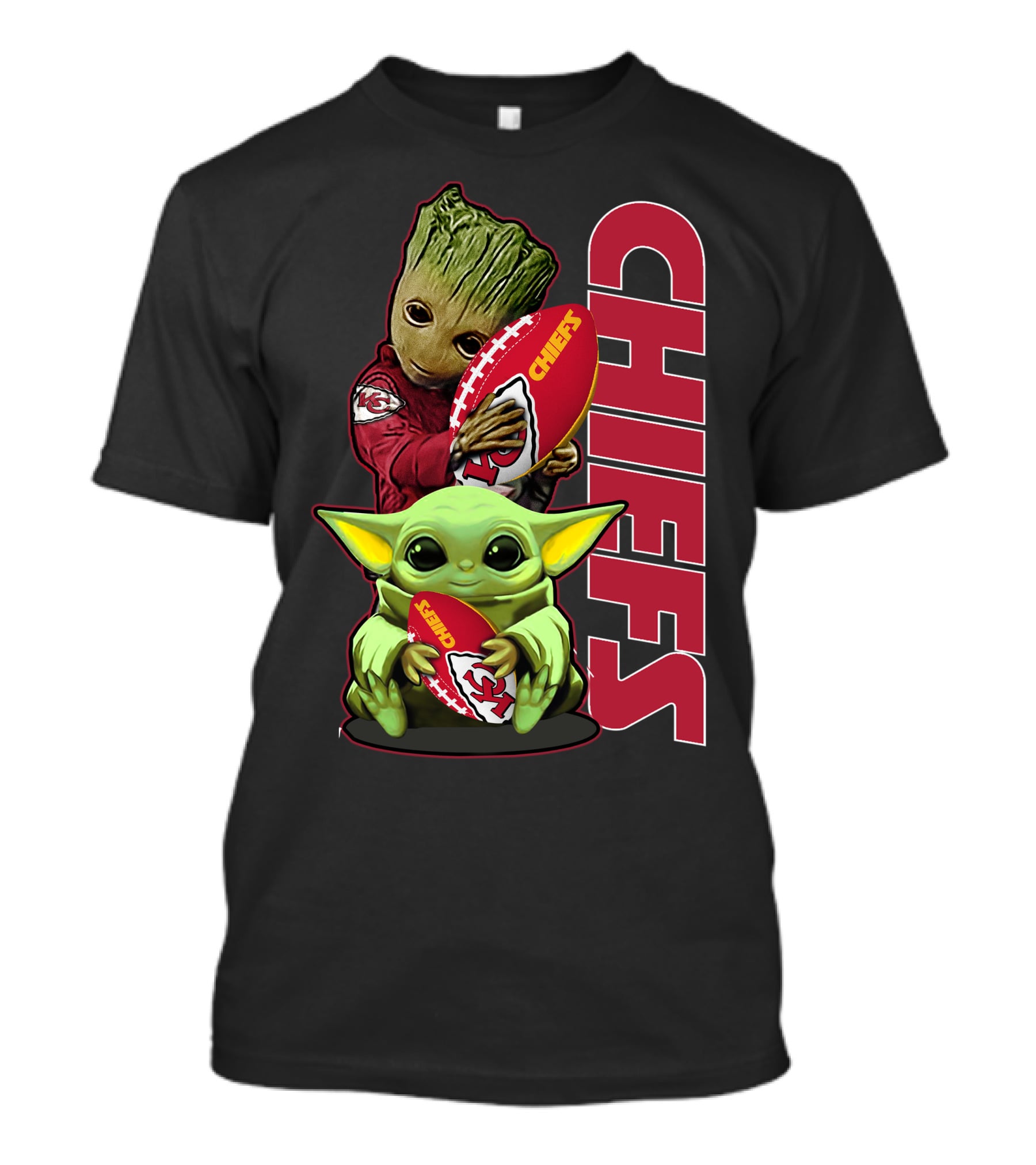 Grzd Chiefs Kansas City Groot And Baby Yoda Football T-Shirt