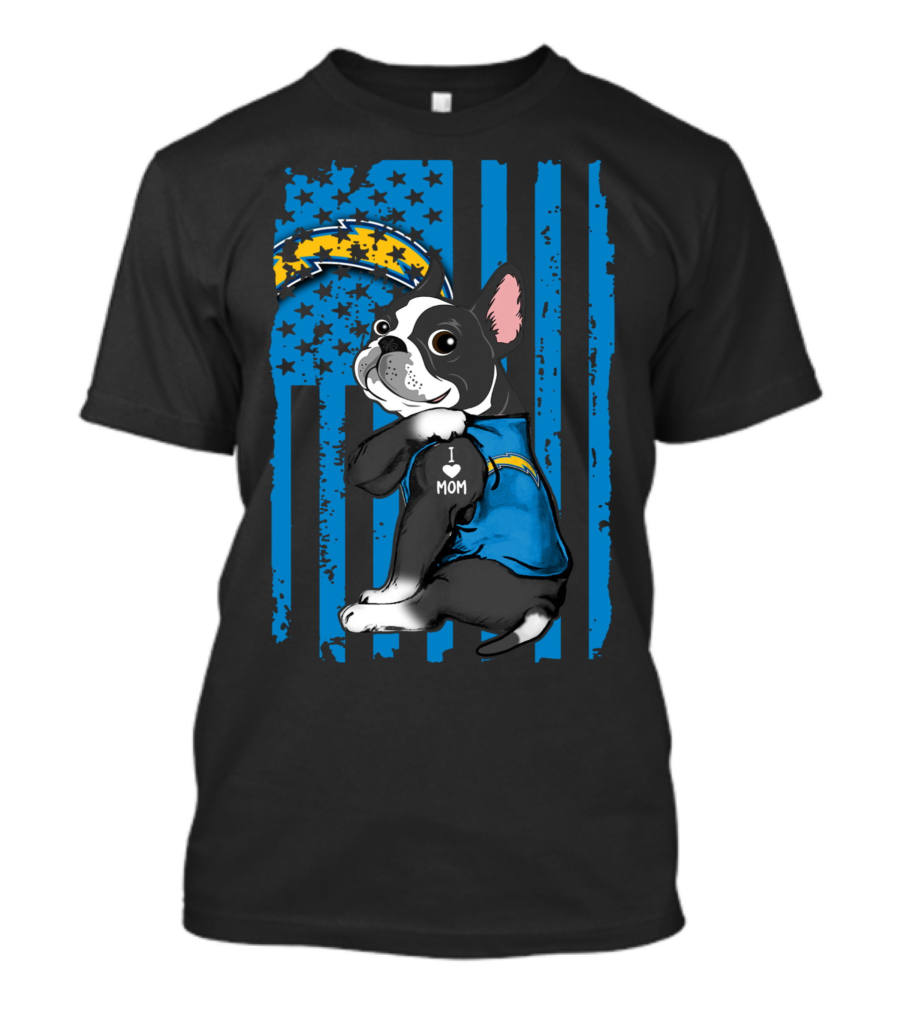 Boston Terrier I Love Mom Los Angeles Chargers Fan T-Shirt