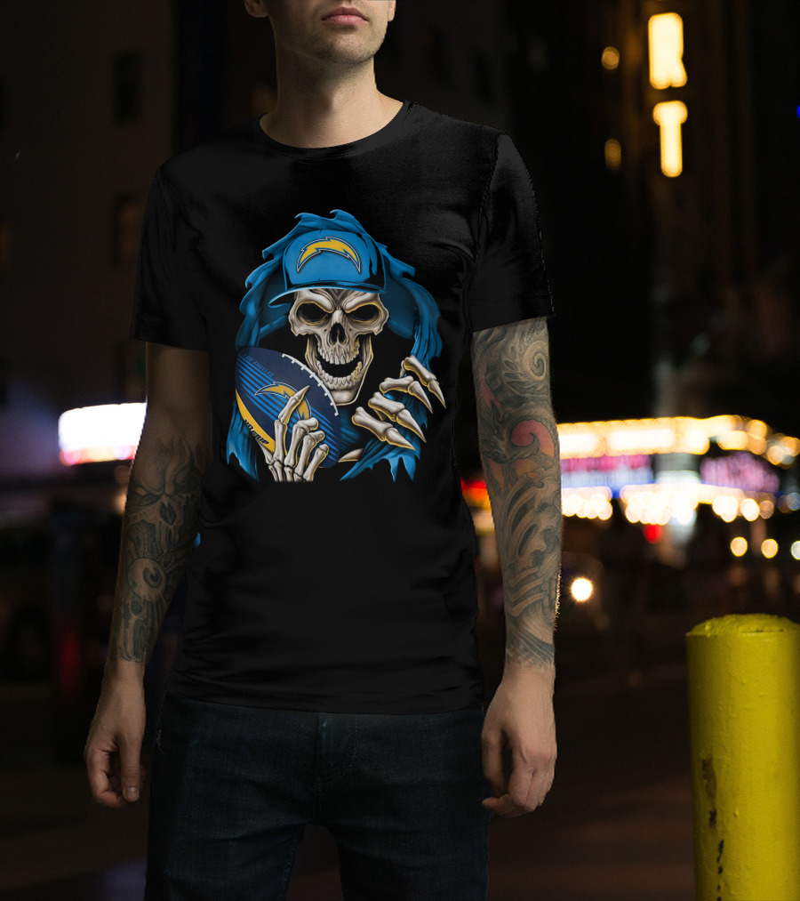 Skullbong Los Angeles Chargers Skeleton Holding Football With Blue Hood And Cap T-Shirt
