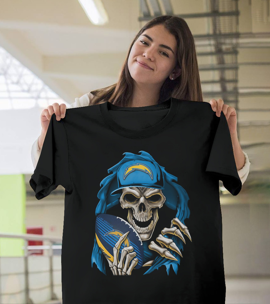 Skullbong Los Angeles Chargers Skeleton Holding Football With Blue Hood And Cap T-Shirt