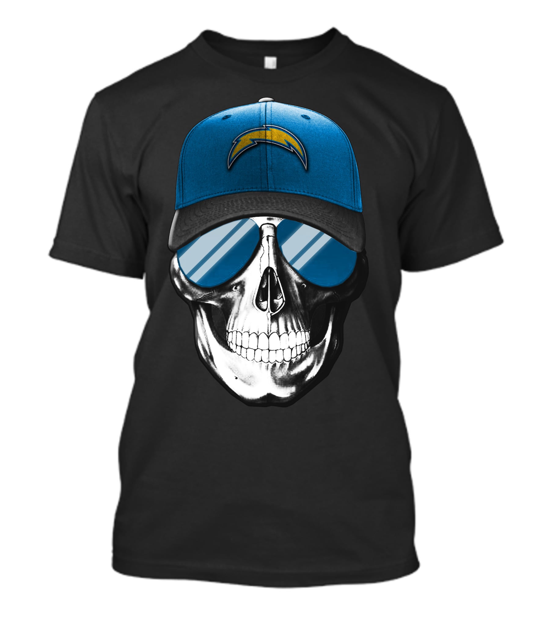 Skull Wearing Los Angeles Chargers Cap With Blue Sunglasses T-Shirt