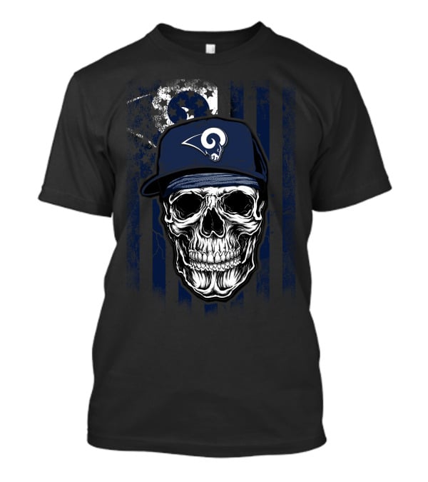 Skull With Los Angeles Rams Cap On American Flag Background T-Shirt