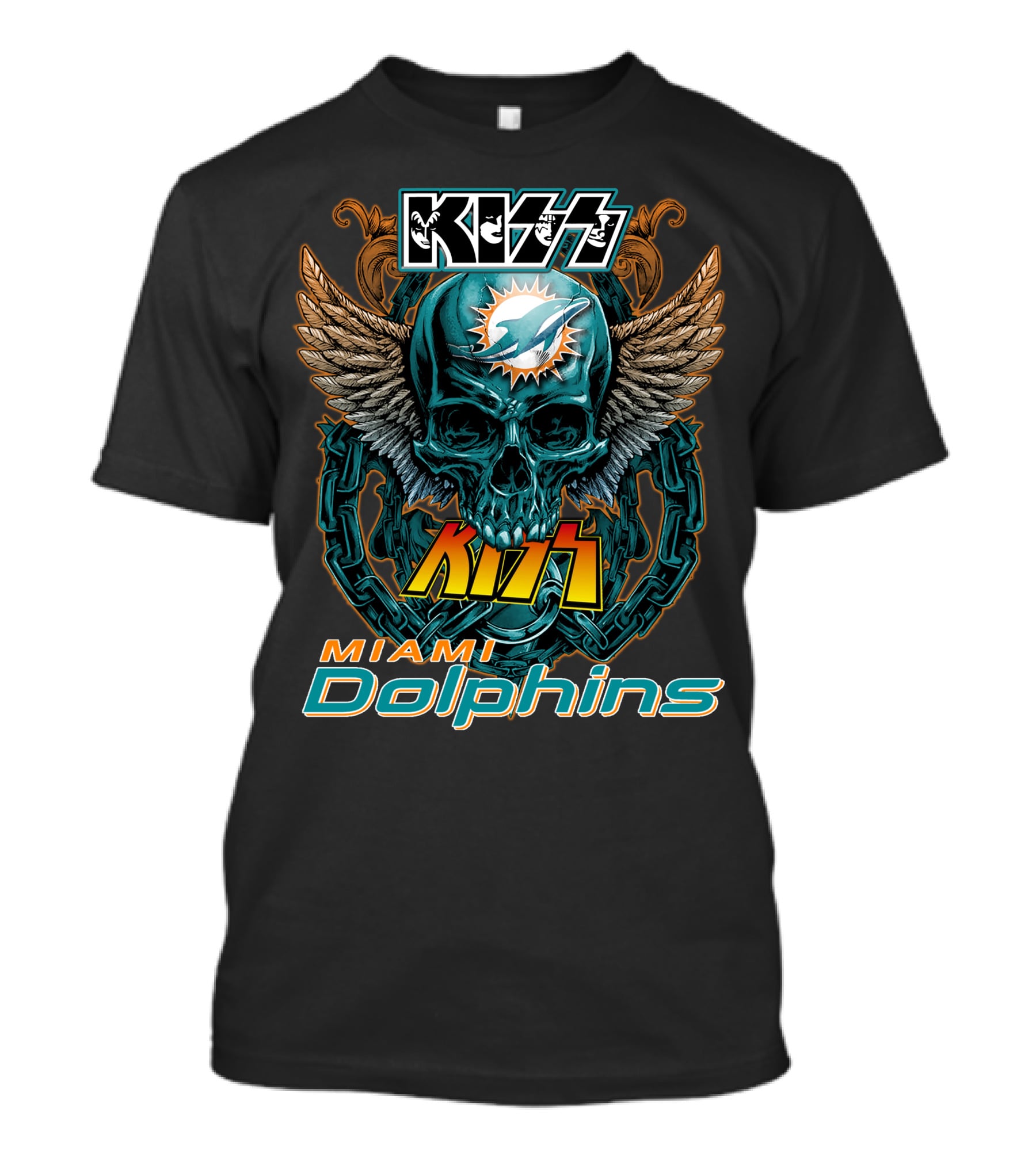 Kiss Miami Dolphins Skull Wings Logo Fusion T-Shirt