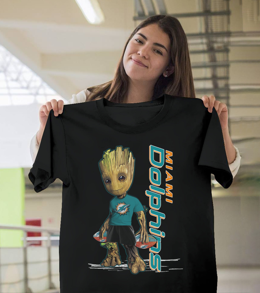 Groot Wearing Miami Dolphins Merchandise With Team Logo And Sports T-Shirt