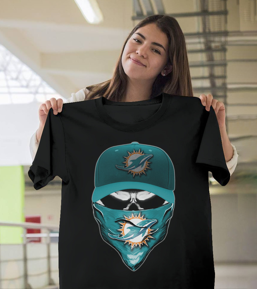Skull Miami Dolphins Logo Hat And Bandana T-Shirt