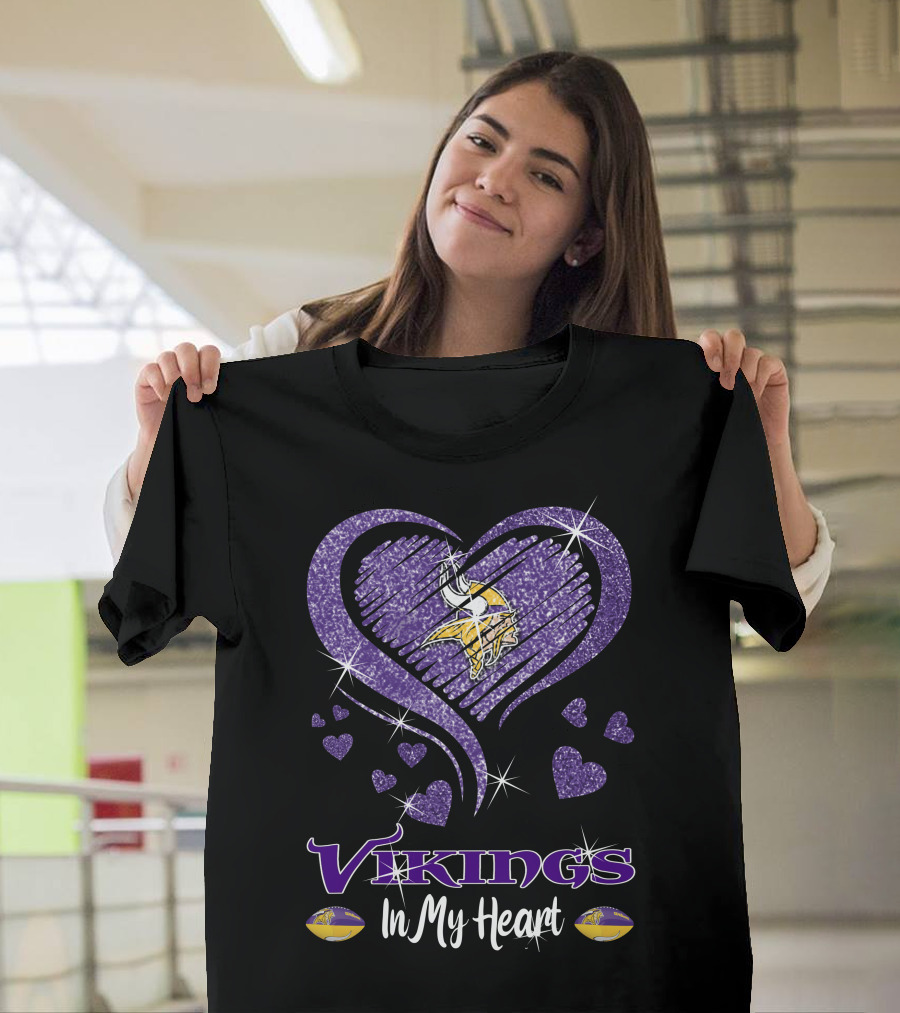 Vikings In My Heart Minnesota Vikings Logo Purple Sparkling Hearts T-Shirt