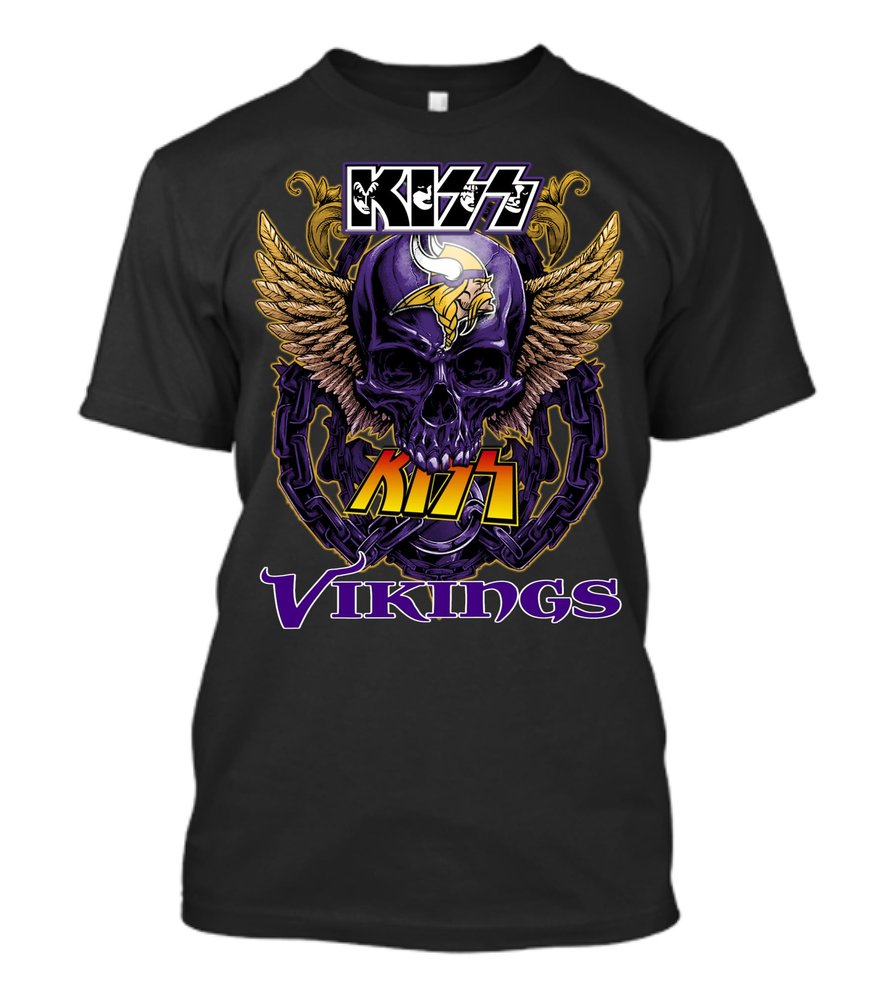 Kiss Vikings Skull With Minnesota Vikings Logo And Wings T-Shirt