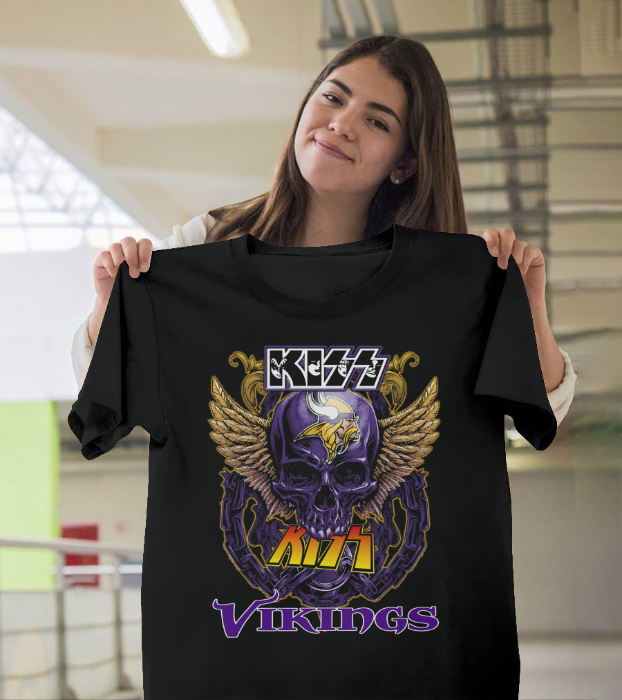 Kiss Vikings Skull With Minnesota Vikings Logo And Wings T-Shirt