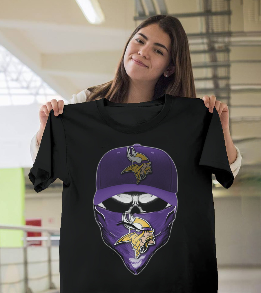 Skull Minnesota Vikings Logo Face Mask and Cap T-Shirt