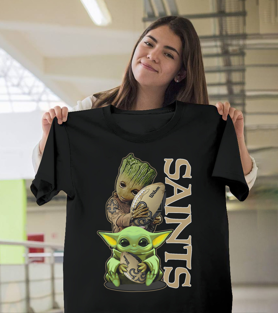 Grzd New Orleans Saints Groot And Baby Yoda Football T-Shirt