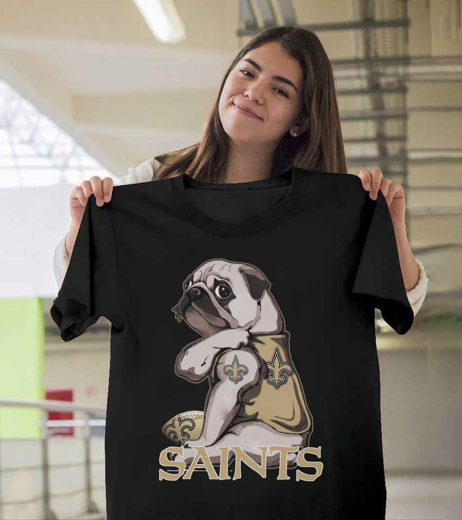 Pug Wearing New Orleans Saints Jersey with Fleur-de-Lis Tattoo and Football T-Shirt